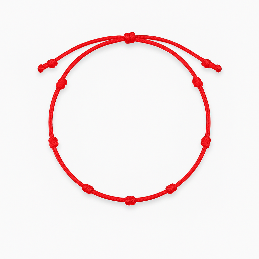 Raudono siūlo apyrankė su 7 mazgais